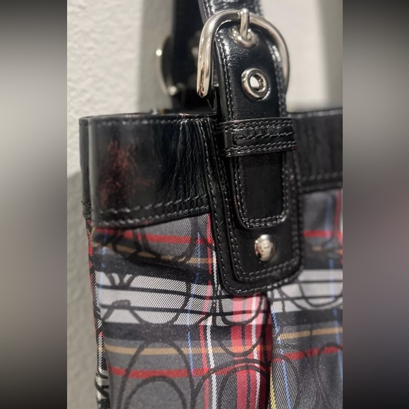 Signature Coach Poppy Bag Red And Black Plaid Shoulder Handbag Medium Size Purse - Picture 11 of 16